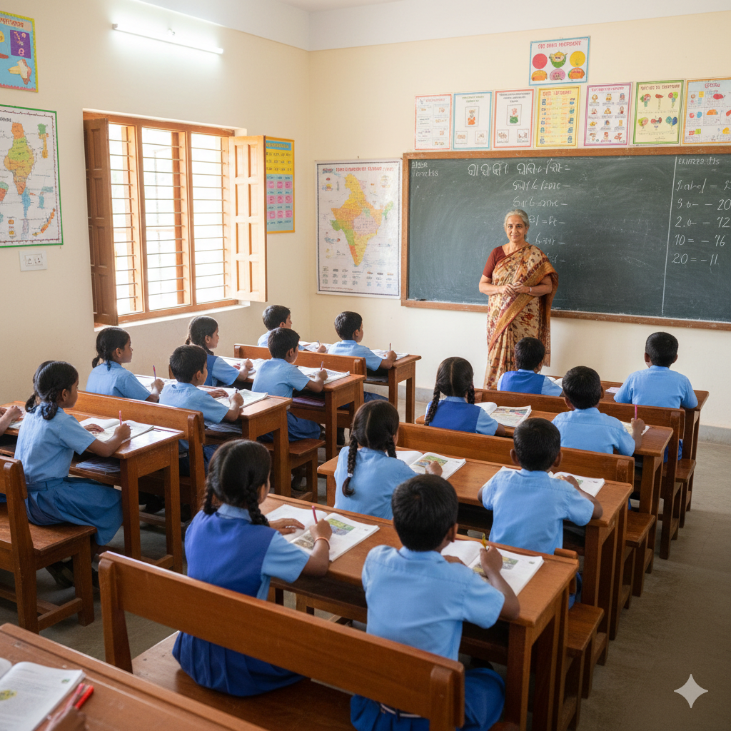 Dignified co-educational classroom with students on standard benches and teacher standing